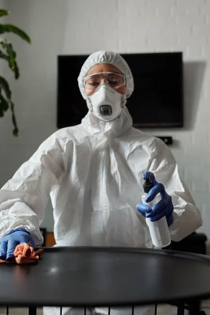 creative-01 Close-up of a specialist in full protective gear sanitizing an indoor surface.